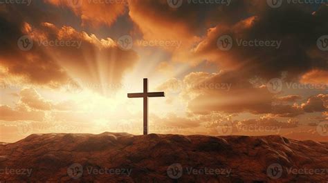 Empty Cross Of Jesus Christ Over Dramatic Sunrise Sky Panorama With