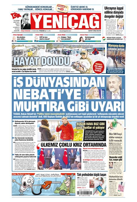 Türkiye de Yeni Çağ Gazetesi 27 Ocak 2022 Perşembe Günü Manşeti