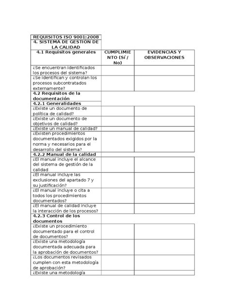 Check List Iso 9001 Gestión De La Calidad Calidad Comercial