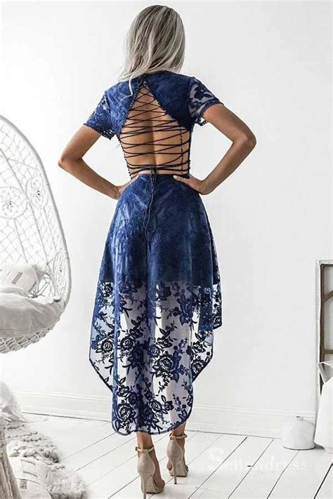 A Line V Neck Short Sleeves Blue Lace High Low Prom Dress Homecoming D