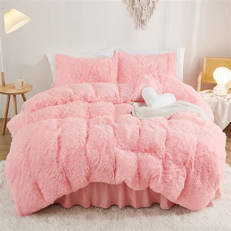 Annadaif Fluffy Duvet Cover Full Size Pink Plush Shaggy Faux Fur Comforter Cover