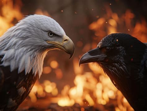 Majestic Bald Eagle And Raven In Fiery Sunset Premium Ai Generated Image