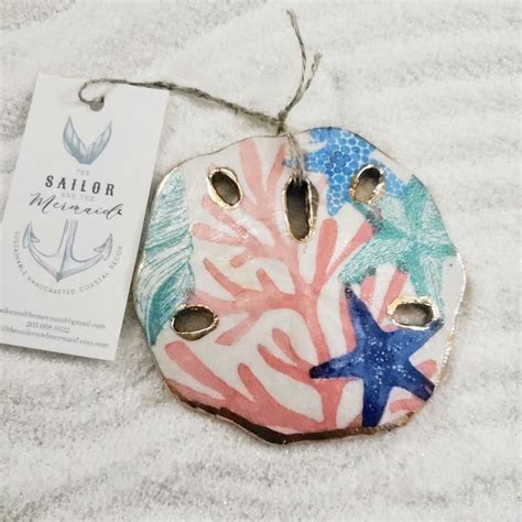 Decoupage Sand Dollar Ornament With Pastel Coral Reef Ceramic Resin