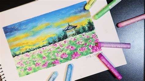 오일파스텔로 한옥과 연꽃이 신비로운 풍경화 그리기 Drawing a Hanok and lotus pond landscape