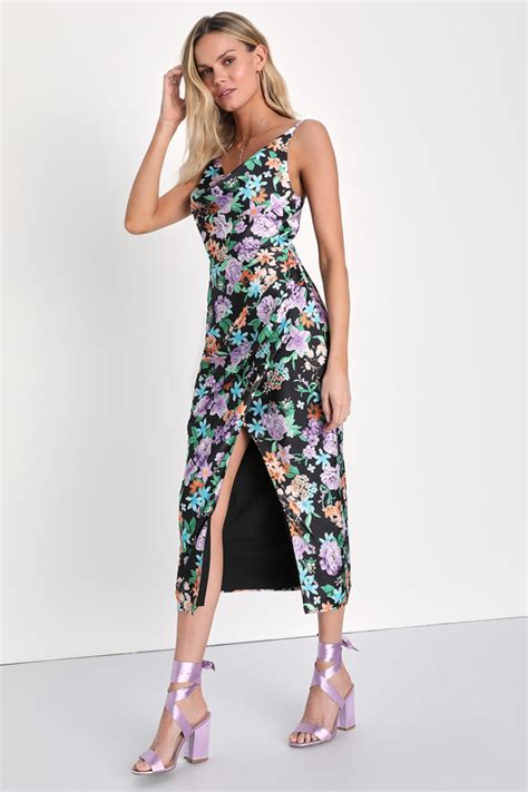 Black Floral Satin Dress Tulip Hem Dress Cowl Neck Midi Dress Lulus