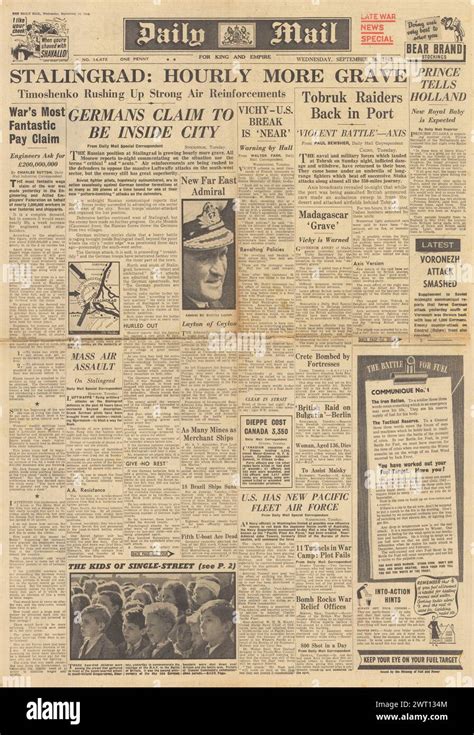 1942 Daily Mail Front Page Reporting Battle Of Stalingrad And Raid On