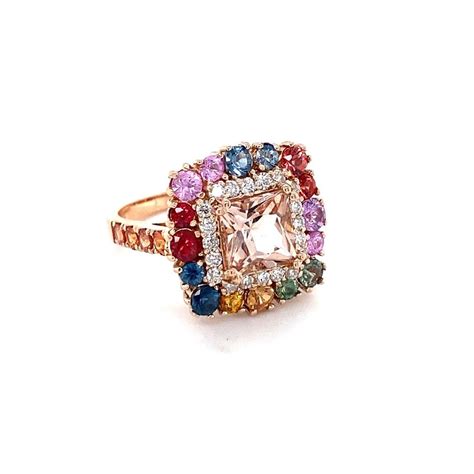 Princess Cut Pink Morganite Diamond Sapphire Rose Gold Cocktail Ring