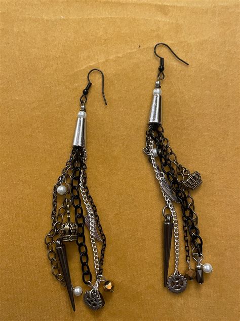 Long Dangle Steampunk Metal Earrings With Antique Gold Silver And