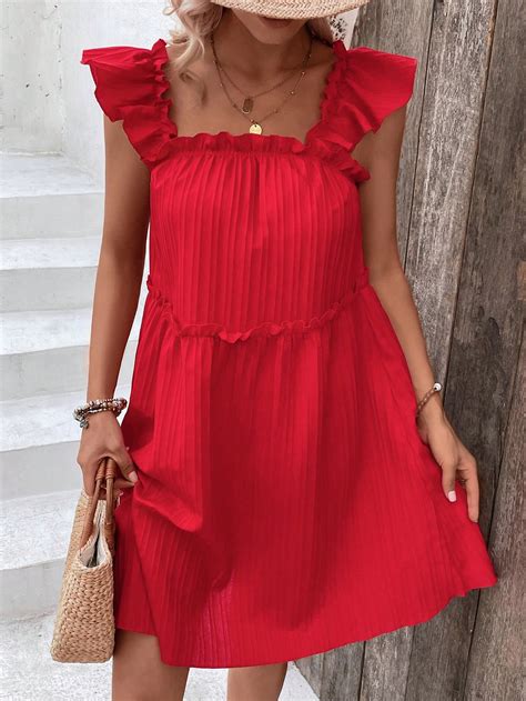 Shein Vcay Solid Frill Trim Ruffle Trim Smock Dress Shein Usa