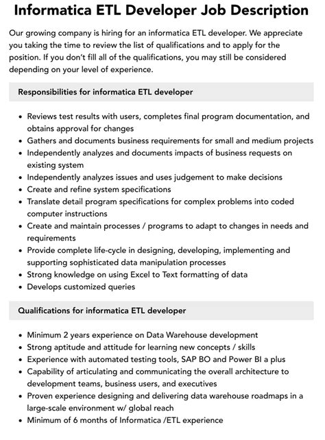 Informatica ETL Developer Job Description Velvet Jobs