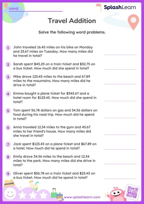 Add Decimal Numbers With 2 Decimal Place Travel Word Problems Worksheet