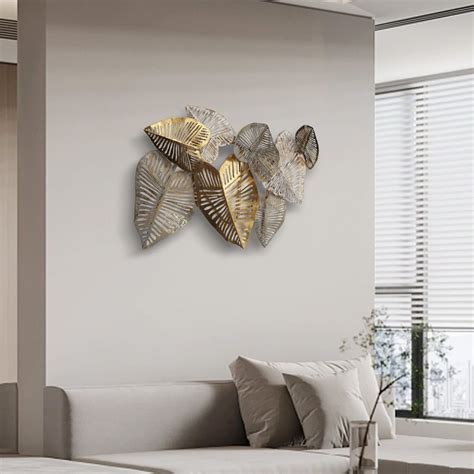3d Unique Big Gold Leaves Wall Decor Metal Home Hanging Art Living Room