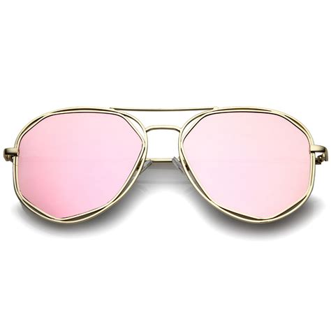 Geometric Hexagonal Metal Frame Colored Mirror Flat Lens Aviator