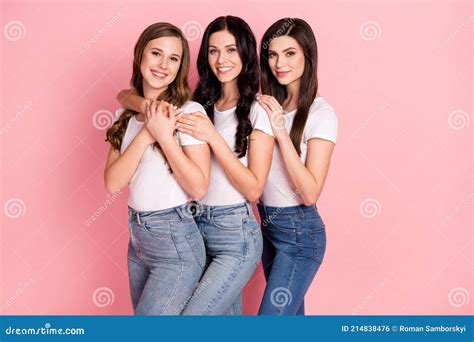 Profile Side Photo Of Three Cheerful Young Girls Happy Positive Smile