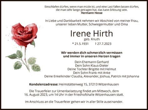 Traueranzeigen Von Irene Hirth Trauer HNA De