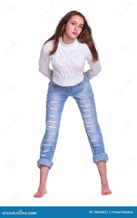 Pretty Woman In Blue Jeans Stock Image Image Of Beautiful