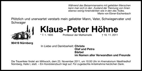 Traueranzeigen von Klaus Peter Höhne trauer nn de