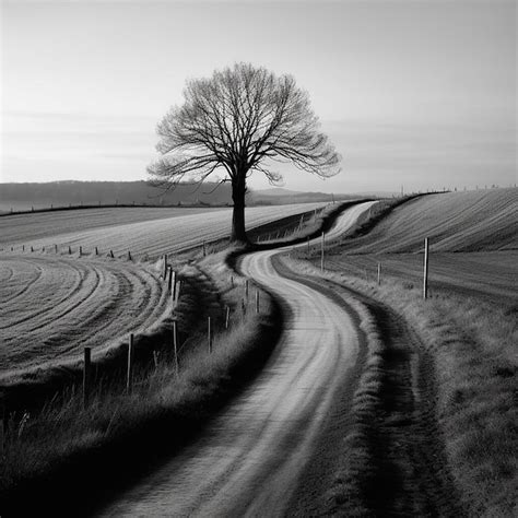 Un árbol en un campo con un camino que tiene una cerca Foto Premium