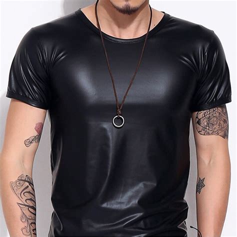 Male Fitness Faux Leather Short Sleeve O Neck T Shirt Black Tight Elastic Costumes Shiny Basic