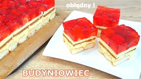 Obłędny BUDYNIOWIEC bez pieczenia szybkie ciasto z truskawkami po