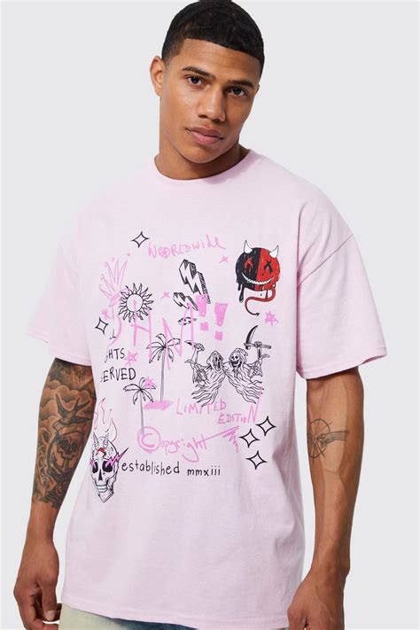 Men S Oversized Worldwide Doodle Graphic T Shirt Boohoo Uk