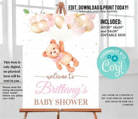 Editable Teddy Bear Baby Shower Welcome Sign Bear Themed Baby Etsy