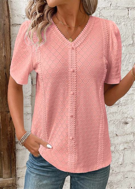 Rotita Patchwork Pink V Neck Short Sleeve Blouse Usd 24 98