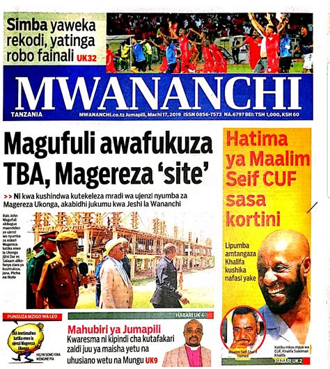 Tanzanian Today S Newspapers Magazeti Ya Leo Sunday Th March