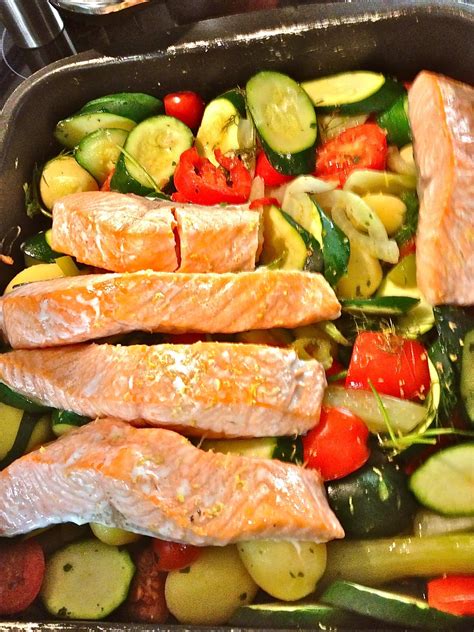 Johnny S Kitchen Tray Baked Salmon On Mediterranean Vegetables