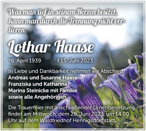 Traueranzeigen von Lothar Haase Märkische Onlinezeitung Trauerportal