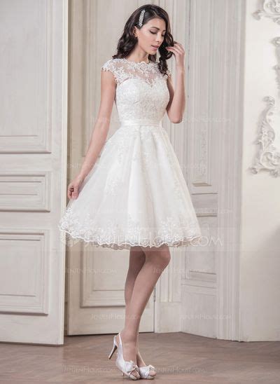 A Line Illusion Knee Length Tulle Wedding Dress With Appliques Lace