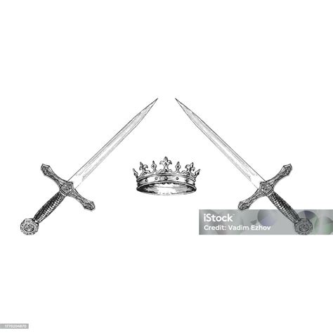 Crown And Daggers Vector Illustration In Engraving Style Hand Drawn