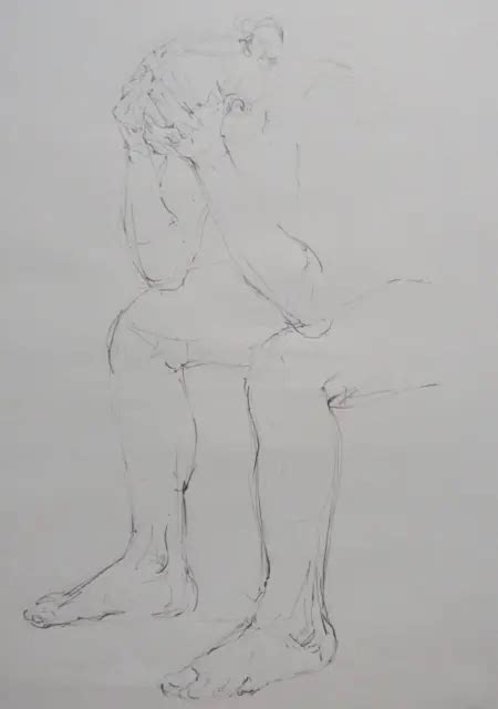 Original Pencil Life Drawing Male Nude Seated Pose With His Head In His