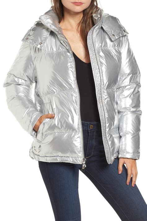 Kendall Kylie Shiny Puffer Jacket In Silver Metallic Lyst