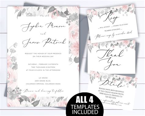 Blush Floral Wedding Invitation Templates Gray Wedding Etsy Floral