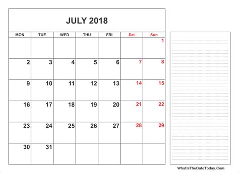 2018 Printable July Calendar With Notes Whatisthedatetodaycom