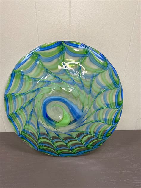 Large Hand Blown Art Glass Bowl With Blue Green Swirl Pattern Etsy