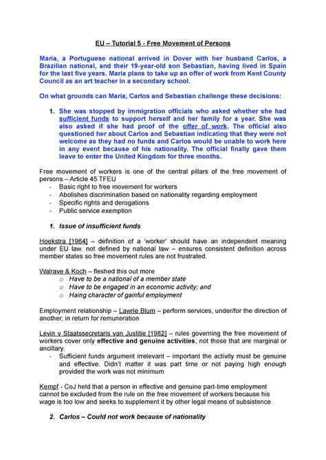 Eu Tutorial 5 Free Movement Of Persons Eu Tutorial 5 Free