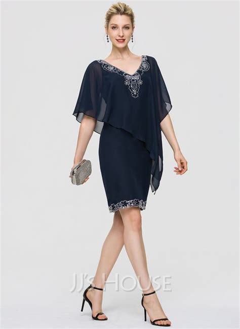 Sheath Column V Neck Knee Length Chiffon Lace Cocktail Dress With