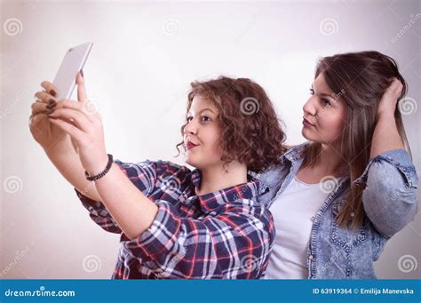 Friends Making Selfie Two Beautiful Young Women Making Selfie Stock