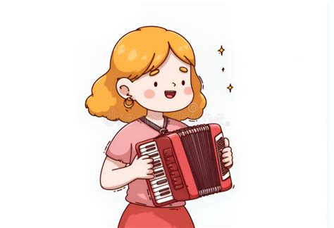 Joyful Blonde Chibi Character Playing Red Accordion Korean Cartoon Style Pixel Art Illustration