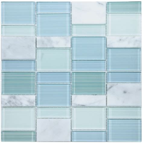 Prime Blue Carrara Marble Mixed With Multi Sized Blue Glass Mosaic Tile Backsplash Accent