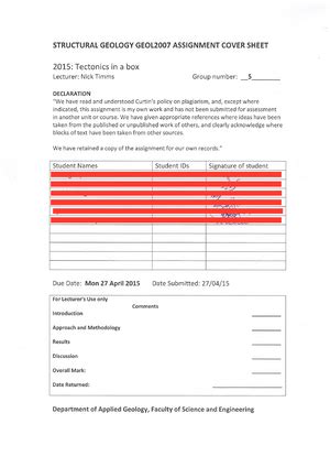 Structural Geology Assignment Cover Sheet Page Structural Geology