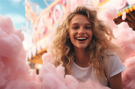 Premium Ai Image Happy Girl Eating Cotton Candy At The Amusement Park