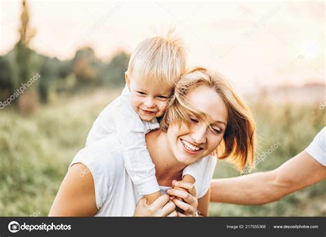 Smiling Mother Giving Son Piggyback Ride Outdoor Stock Photo Bedya