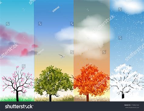 Four Seasons Banners With Abstract Trees Vector Illustration