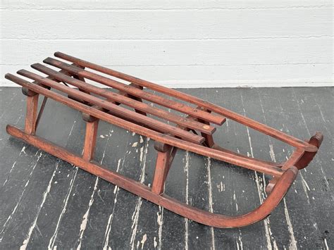 Antique Sled Large Bentwood Slat Sled With Curved Iron Lined Runners 45