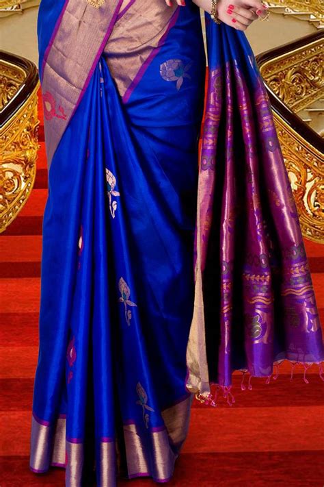 Buy Royal Blue Pure Silk Zari Weaved Saree In Purple Pallu And Golden Border Sr5819 Online