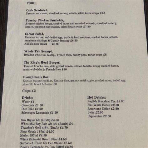 Menu At Kings Head Pub Bar Deal Port Arms