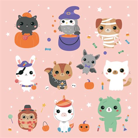 Kawaii animals dressed in Halloween costumes. Cute cartoon animals ...